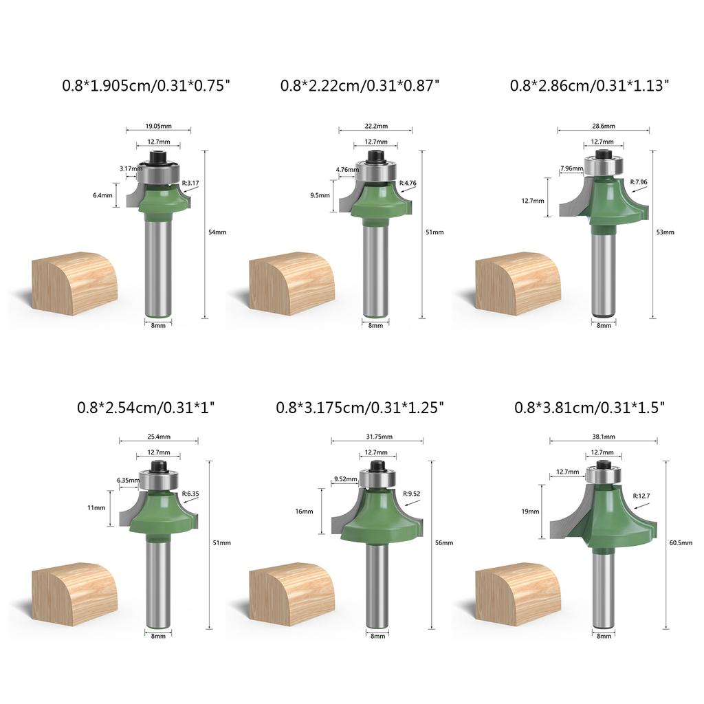 8mm Schaftfräser 6 Stück Hobelwerkzeug Abrundfräser für Holzbearbeitung Kantenbearbeitung Holzfräser