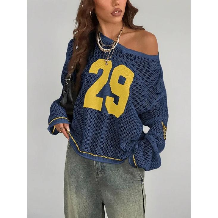 Y2K Stil Sporttrikot Damen Strickoberteile Modischer Digitaldruck Rundhalsausschnitt Langarm Pullover 2026 Sommer Street Trend