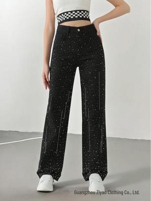 Autumn/Winter Rhinestone Black Straight-Leg Jeans: Slimming Women's Casual Fashion