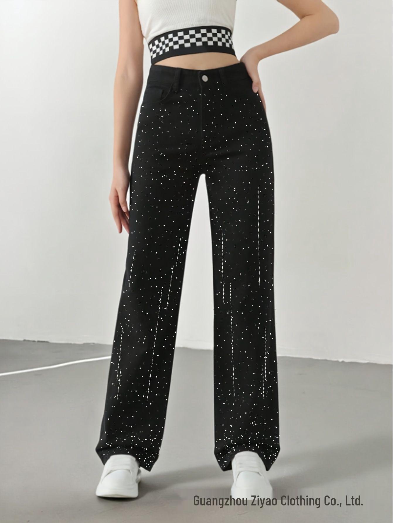

Autumn/Winter Rhinestone Black Straight-Leg Jeans: Slimming Women s Casual Fashion L чёрный
