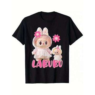 Cartoon Print T-Shirt Black Round Neck Short Sleeve Comfortable & Breathable for Boys and Girls T Shirts