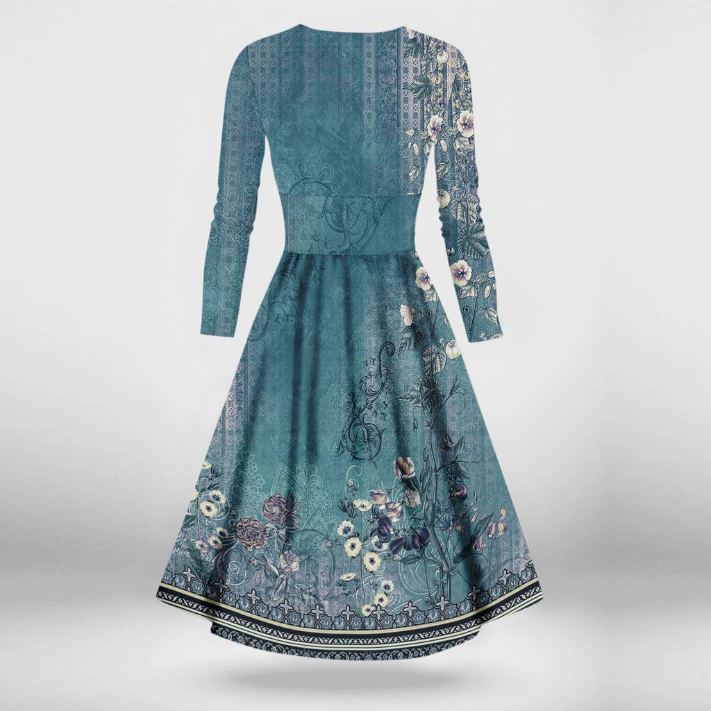 Dámské ležérní a módní tištěné šaty s dlouhým rukávem a sexy výstřihem do V