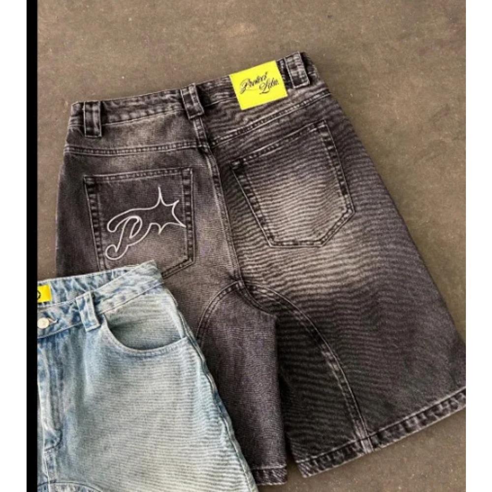 

Retro Letter Denim Shorts Y2K Mens Harajuku Hip Hop Letter Embroidery Retro Blue Baggy Shorts Over The Knee Pants Casual Shorts XXL