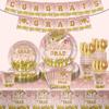 Graduation Season Colorful Pink Gold Themed Party Supplies Disposable Paper Plates Paper Cups Paper Tissue Flag Tableware Set