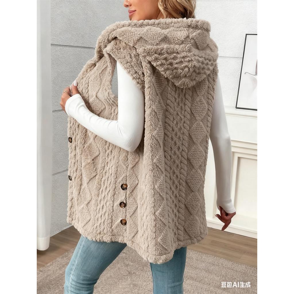 Damen Uni Farbe Wende Flauschige Kapuzen Knopf Strickjacke Weste Lässig Herbst Winter Mode