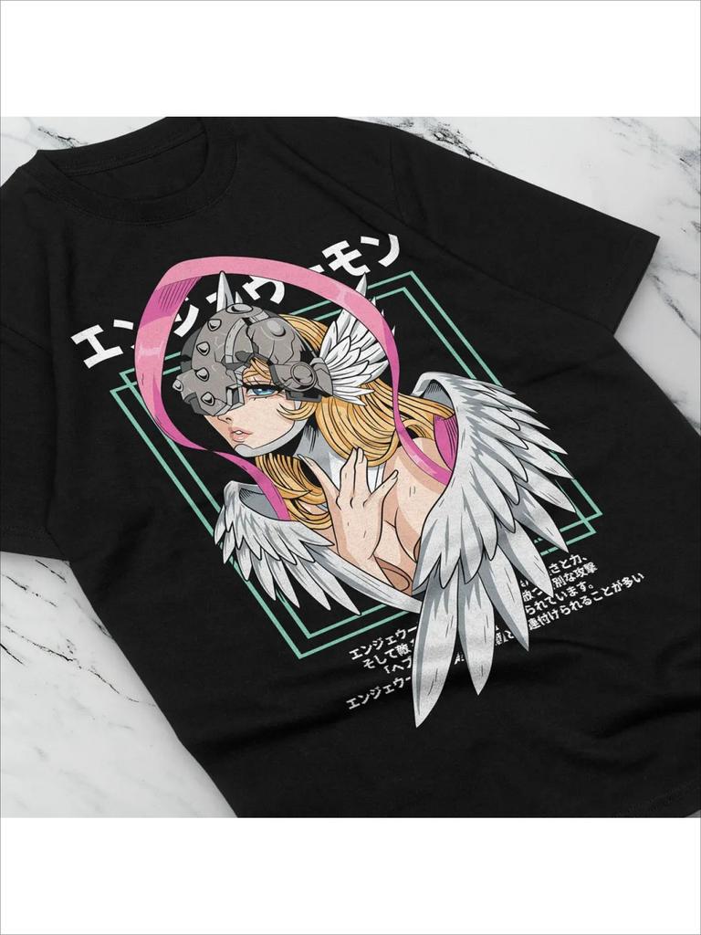 Summer Hot Selling Adventure Angewomon Pattern Tshirt Mens Casual Round Neck Short Sleeved Tshirt Bright Anime Print