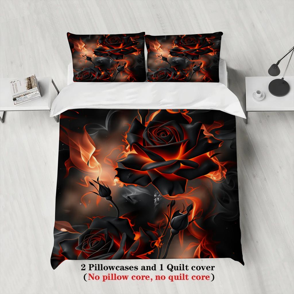 3pcs Black Rose Fire Bedding Sets 3D Printed Floral Pattern Duvet Cover Sets With Pillowcases No Filling