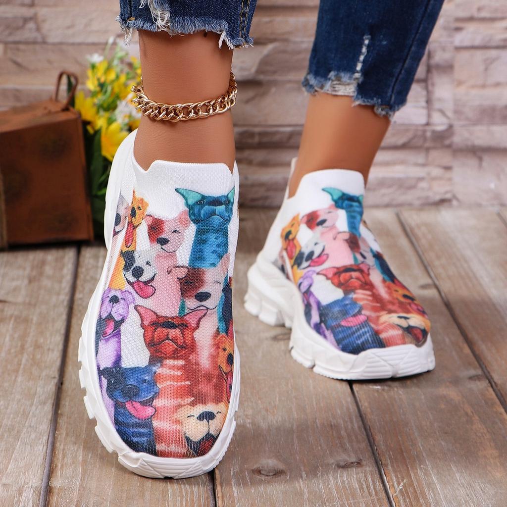 Letters Floral Print Platform Sneakers for Women Knitting Casual Sports Shoes Woman Non Slip Breathable Running Shoes