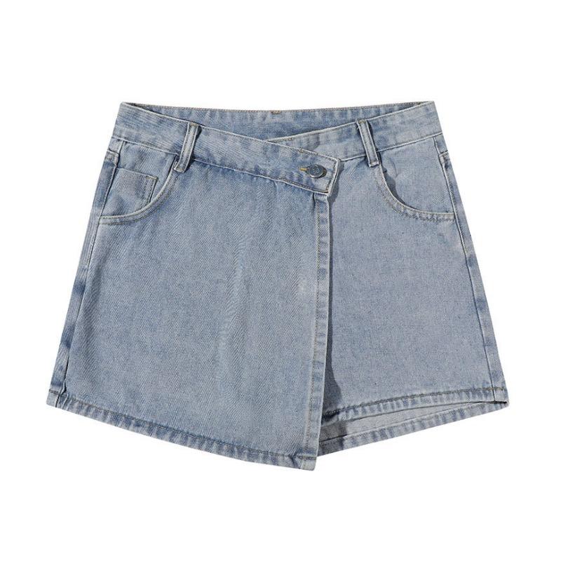 Women High Waist Wrap Denim Skort Light Blue Casual Jean Skirt Shorts