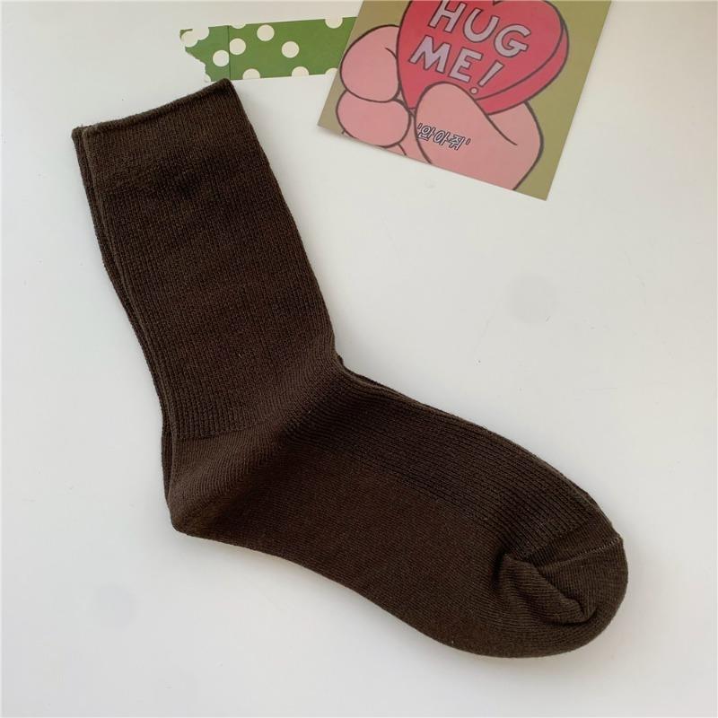 Bomull Ensfarvede Sokker for Kvinner, Høst Tynne Tynne Stripete Frotte-sokker for Kvinner, Midt-legg Sokker