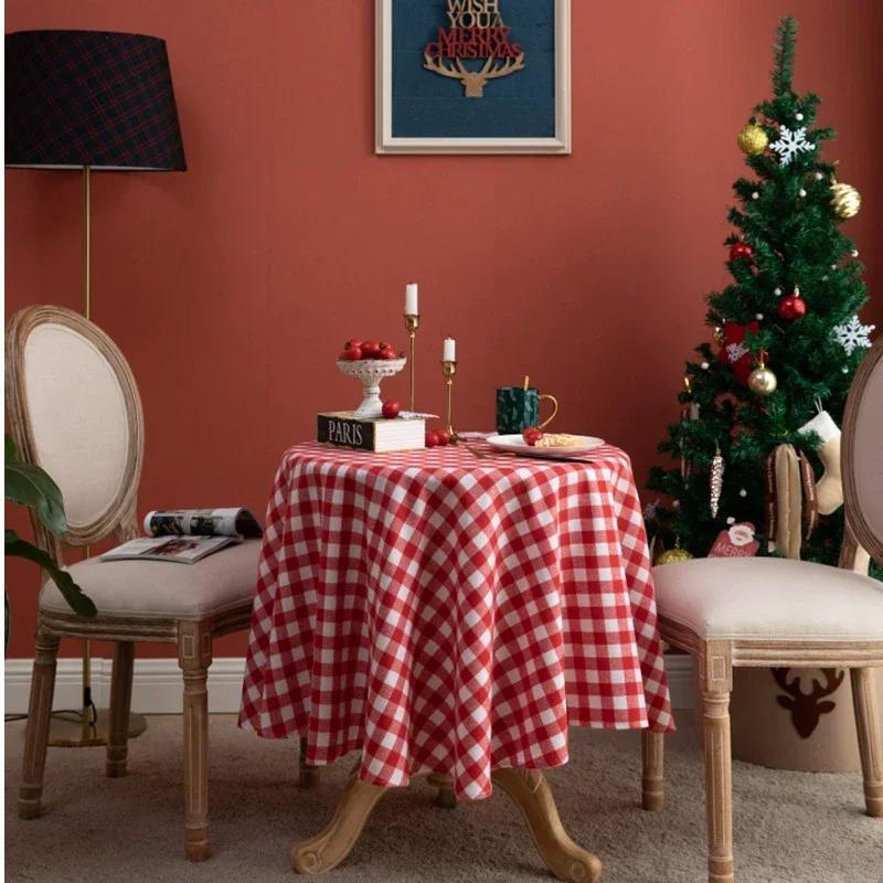 Ins Nordic Christmas Red and White Plaid Tablecloth Cotton and Linen Round Party Decoration Hotel Restaurant Placemat Reusable