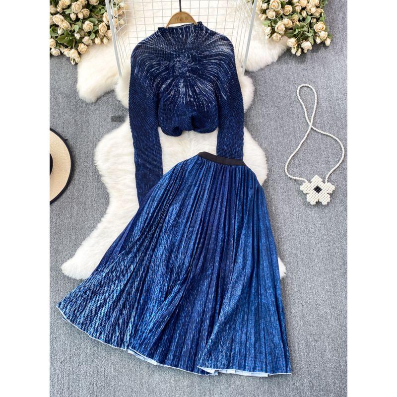 Sanzhai Ruched Celadon High Waist Skirt Fashion Suit