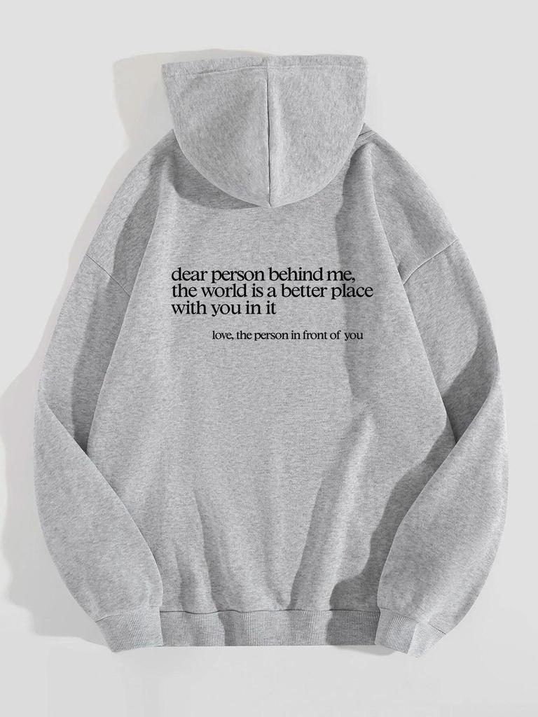 Women'S Fleece Shoulder Sleeve Sweater Letter Slogan Printed Kangaroo Pocket Drawstring Printed Hoodie