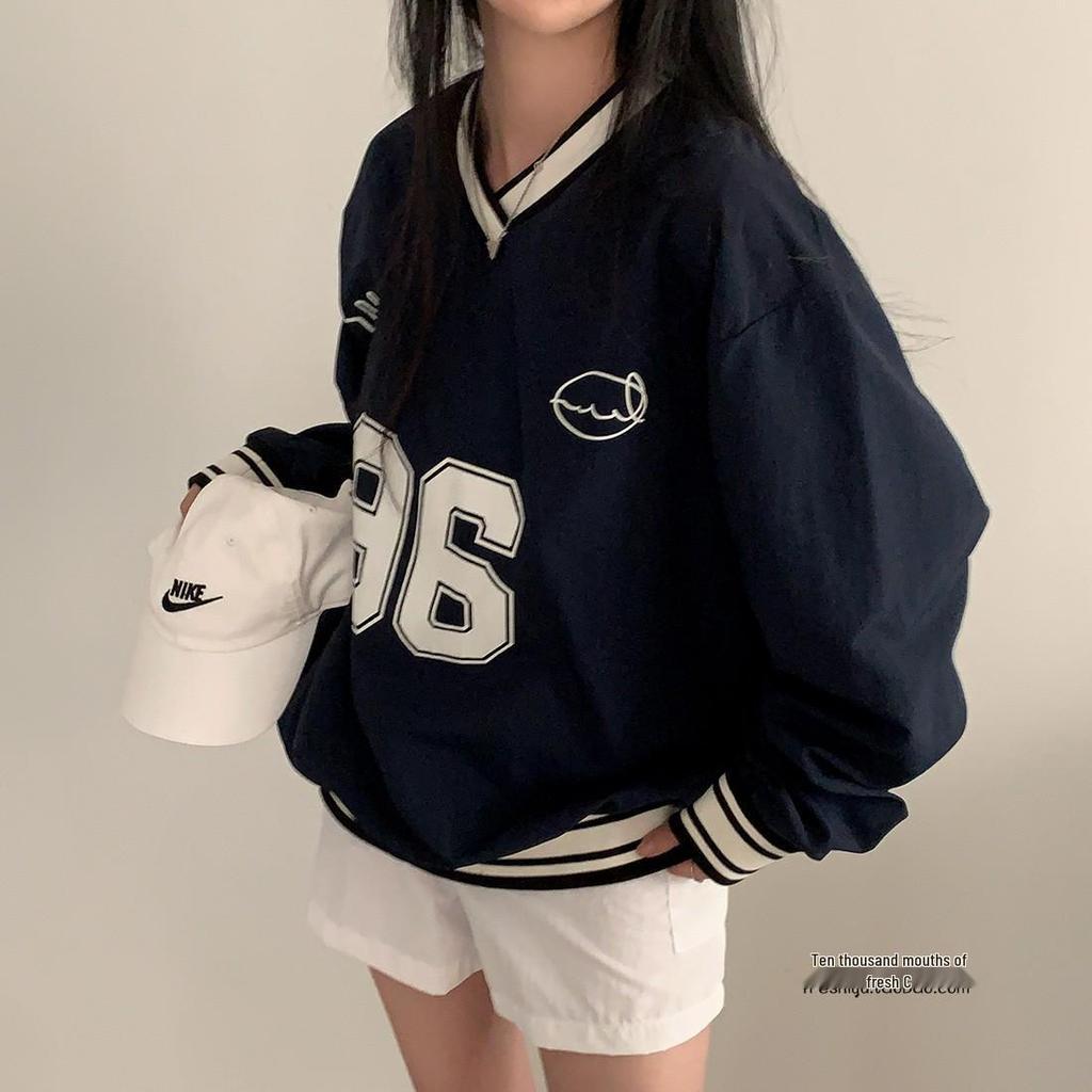 Navy V-Neck Color Block Baseball Girl Sweatshirt - Casual Loose Fit, Thin Long Sleeve