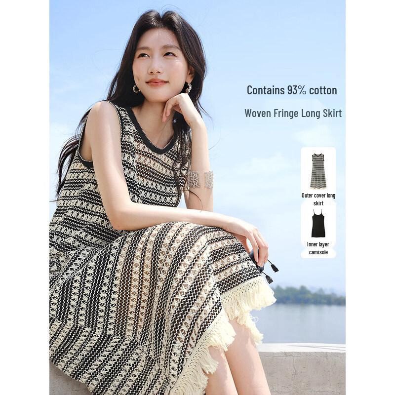 XWI Women s Striped Knit Sleeveless Tassel Long Dress Set XL