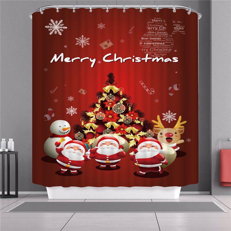 Curtain Shower Christmas With Hook Waterproof Fabric Bathroom Santa Xmas Claus