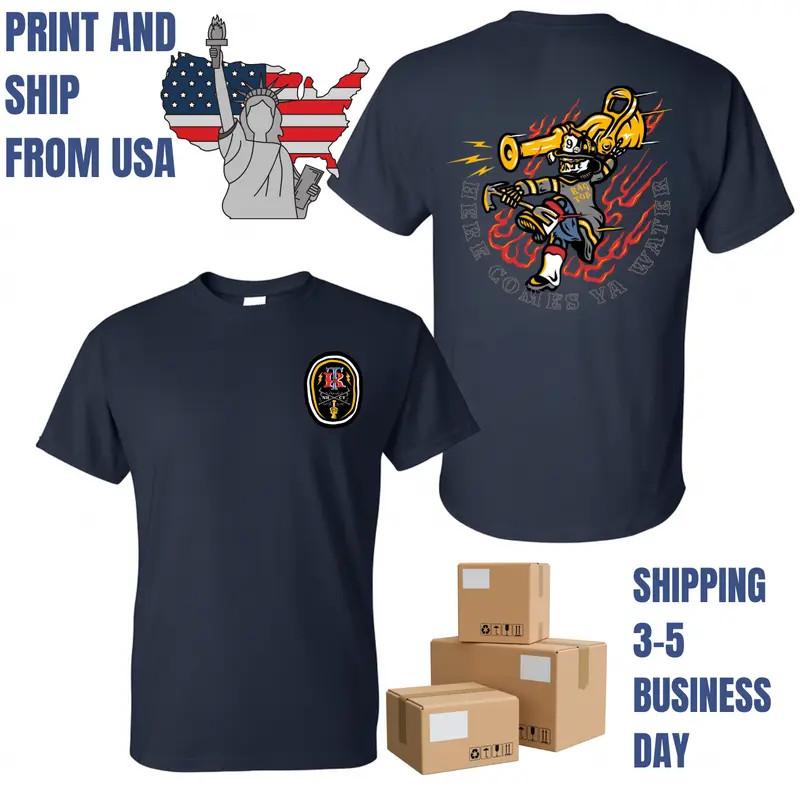 Here Comes Ya Water Skeleton Firefighter T-Shirt, 2 Sides, Rag Top Badge Funny G S разноцветный