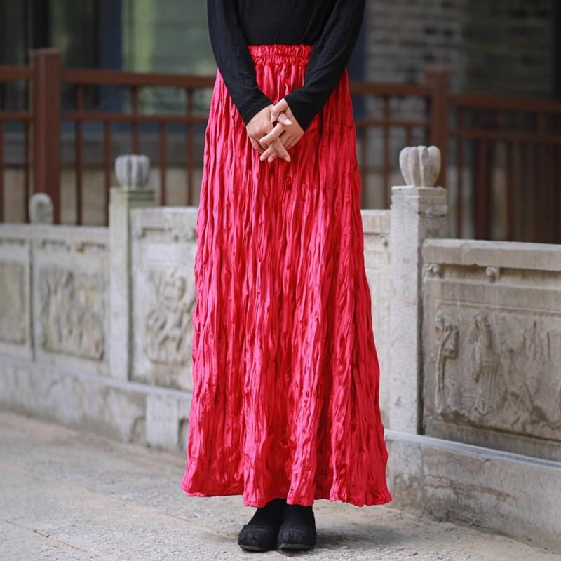 Johnature Frauen Vintage A-linie Röcke Elastische Taille Einfarbig Tücher Herbst Weiche Frauen Casual Röcke