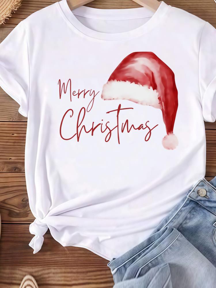 (Asian Size) tree gift happy new year Women's Top T Tee merry Christmas festival O-neck Clothing  Print Fashion ladies Graphic T-shirts