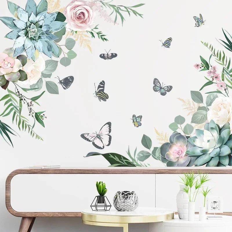 Green Wall Sticker Home Decor Living Room Wall Decals Flowers Tropical Leaf Wall Art Butterfly Decor Tropical Leaves Wallpaper