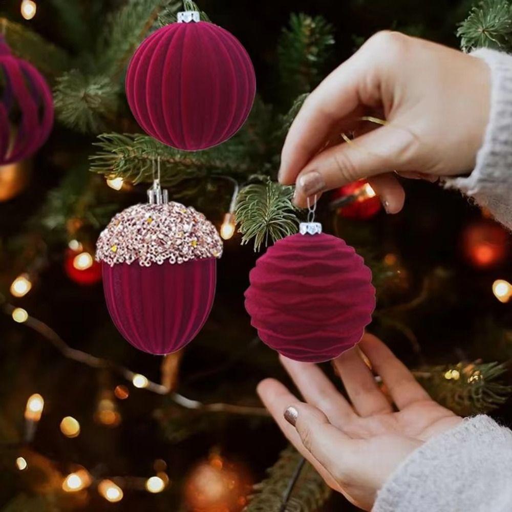 4pcs Delicate Christmas Tree Pendant Flocked Xmas Hanging Ornament Velvet Christmas Ball  Holiday