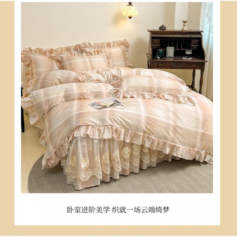 100% Cotton Bed Skirt Set Grid Digital Print Bedding Home Dorm