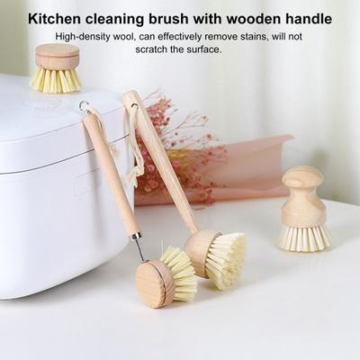Pot Brush with Ergonomic Long/Short Round Handle High Density Bristle Wooden