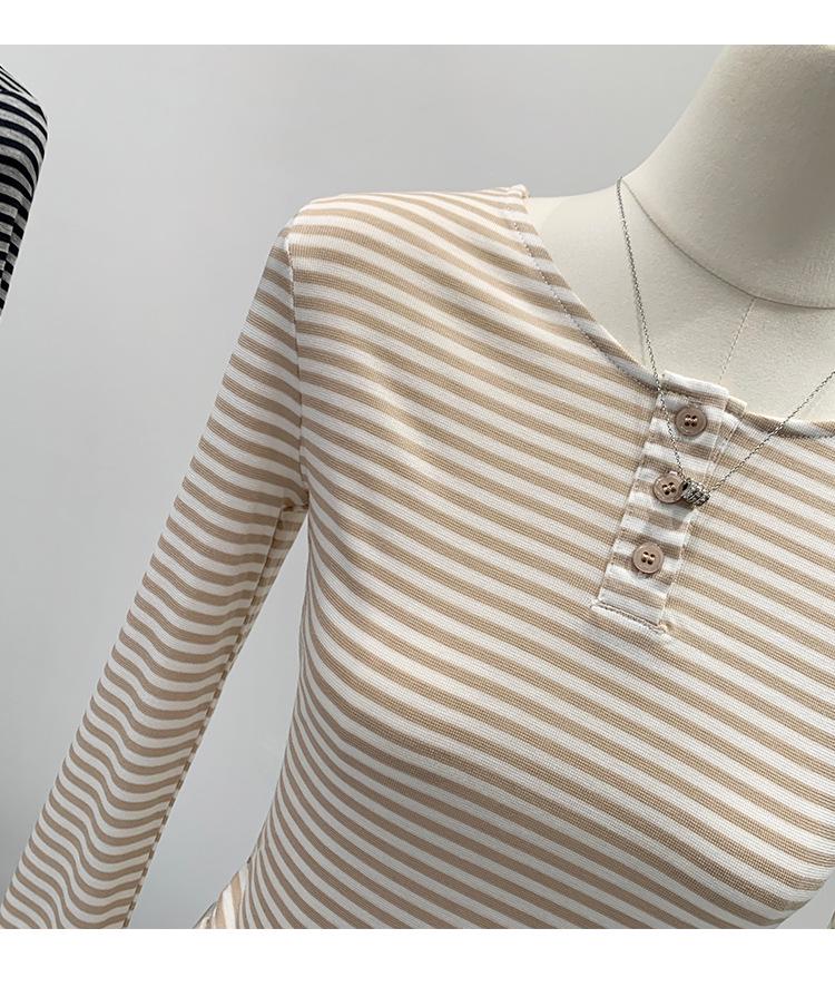 Haut de base à rayures à manches longues de longueur moyenne pour femme - Style coréen Hiver 2026