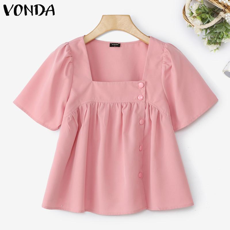

VONDA Женская Летняя Блузка с Квадратным Вырезом, Коротким Рукавом, Пуговицами, Повседневная, с Рюшами