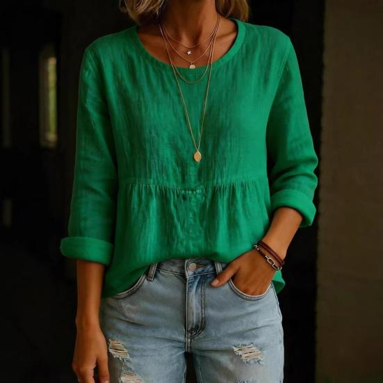 Women Tops Long Sleeve Round Neck Loose Fit Pullover Tops with Pleated Hem Pure Color Spring Summer Casual Shirt