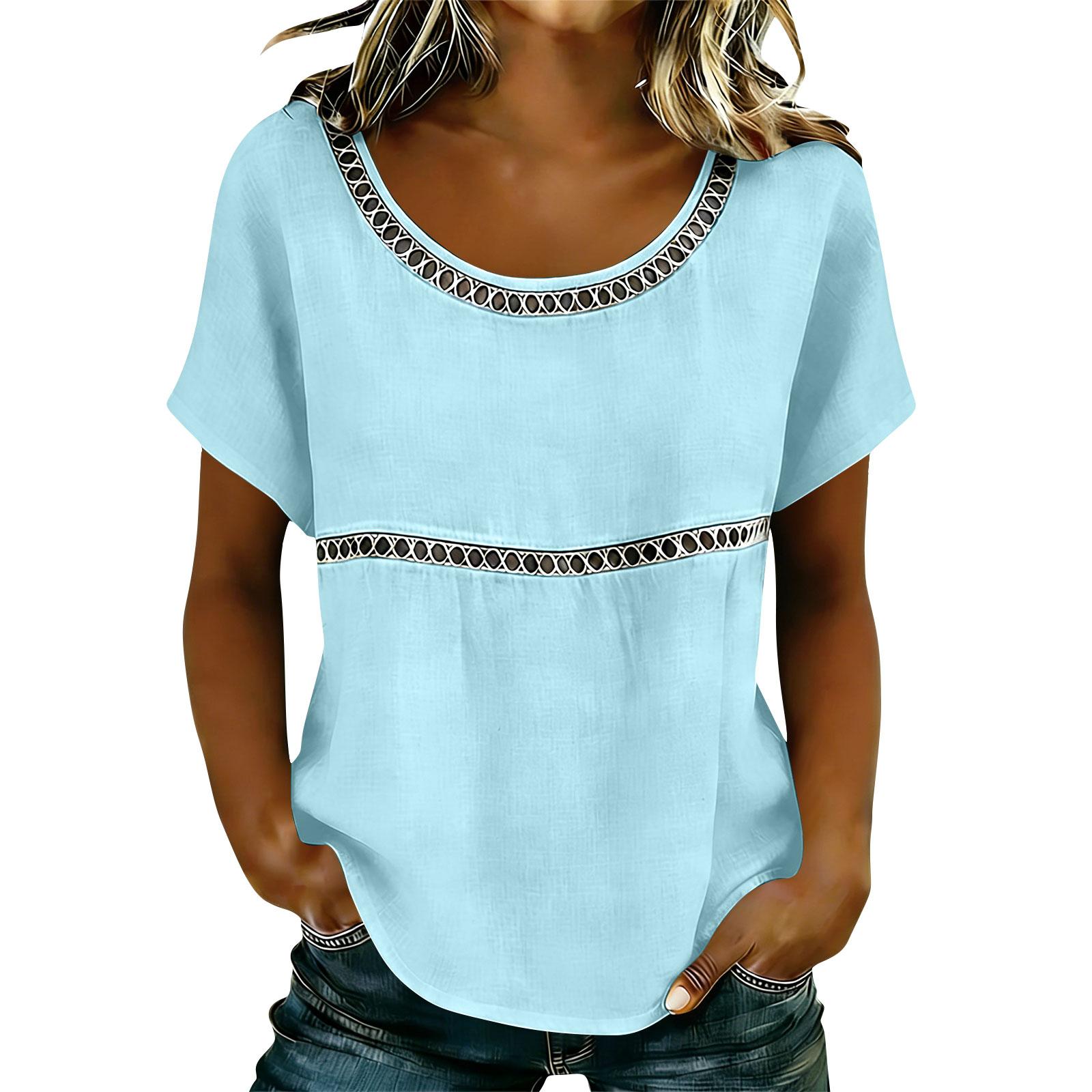 

Women s Casual And Elegant Short-Sleeve Shirt With Bow Hem Boho Color T-Shirt Top M