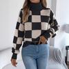 GMXIA Autumn and Winter Casual High-neck Contrasting Color Checkered Lantern Long-sleeved Sweater Women's Wear