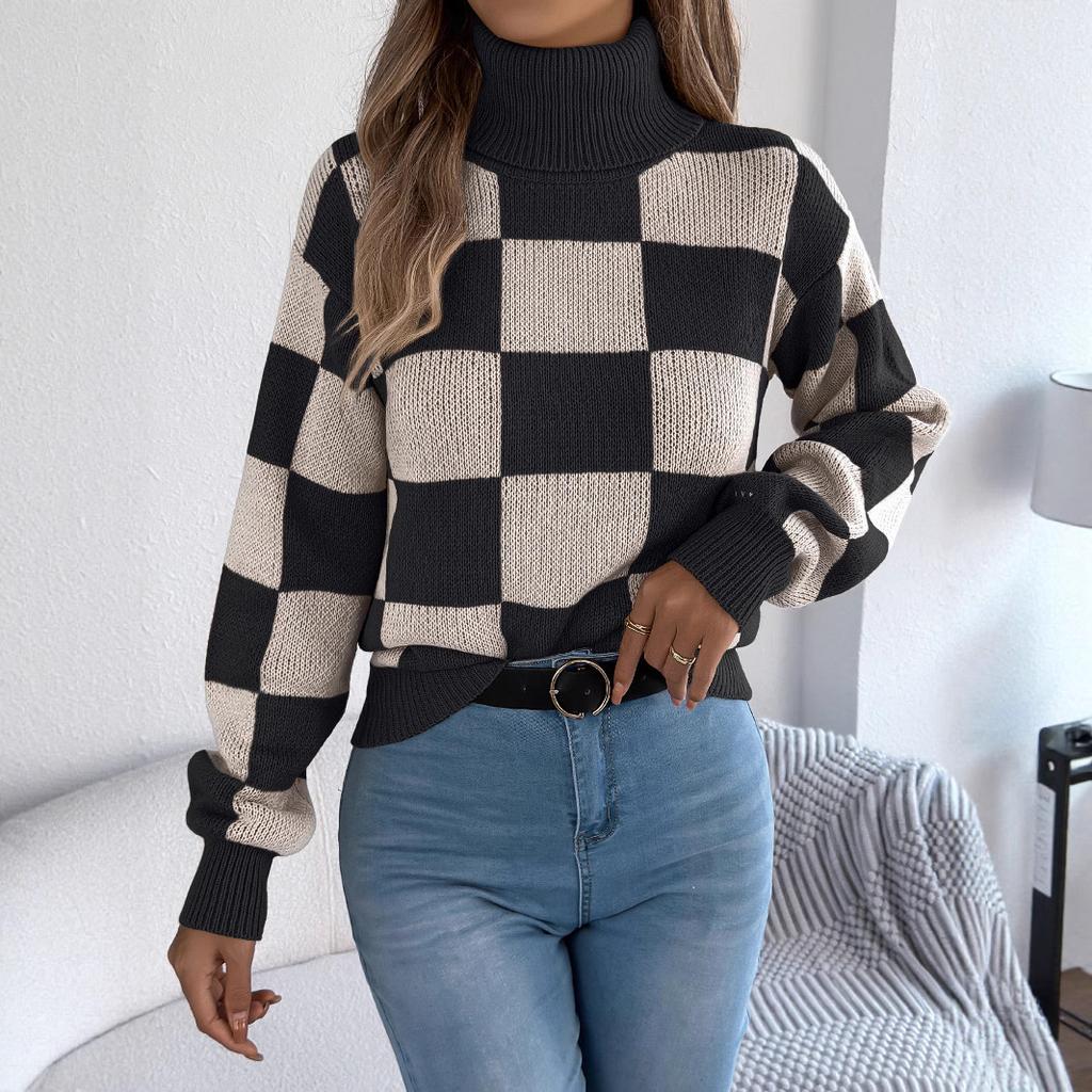 HNXC Autumn and Winter Casual High-neck Contrasting Color Checkered Lantern Long-sleeved Sweater Women's Wear