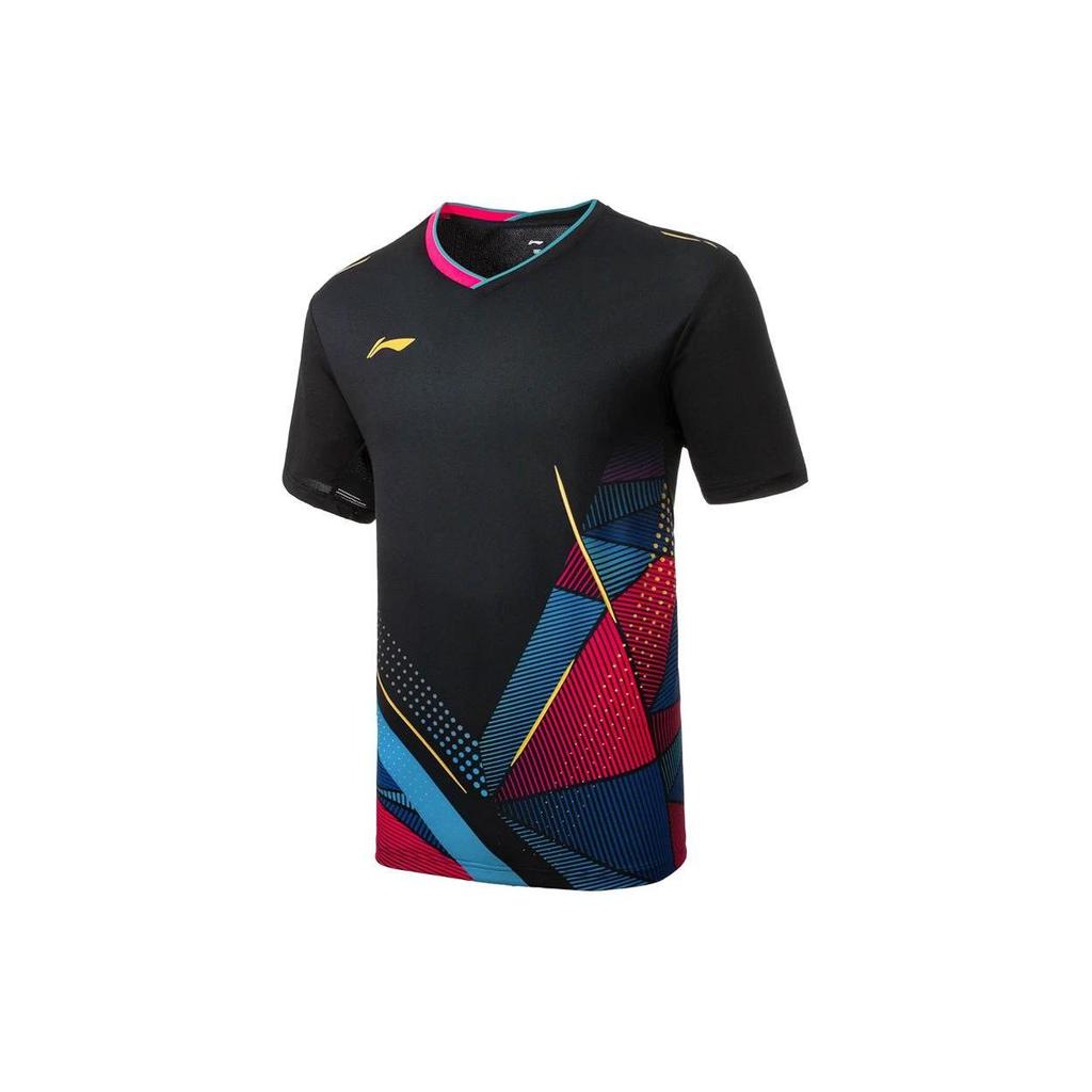 Li-Ning Color Block V-Neck Sports Competition Short Sleeve T-Shirt Unisex Tops Black AAYU127-1