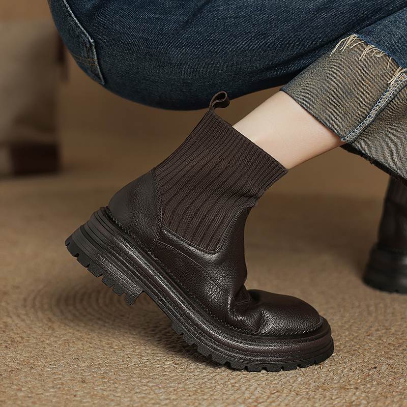 

Krazing Pot Зимние овчинные ботинки с круглым носком и толстым каблуком, модные женские мотоциклетные ботинки без застежек на вязаной платформе, ботильоны 40 коричневый