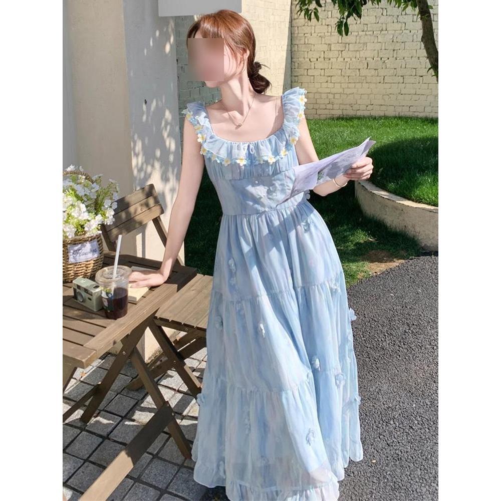 Summer seaside vacation long dress casual printing small flying sleeves suspender dress women's sweet and thin skirt