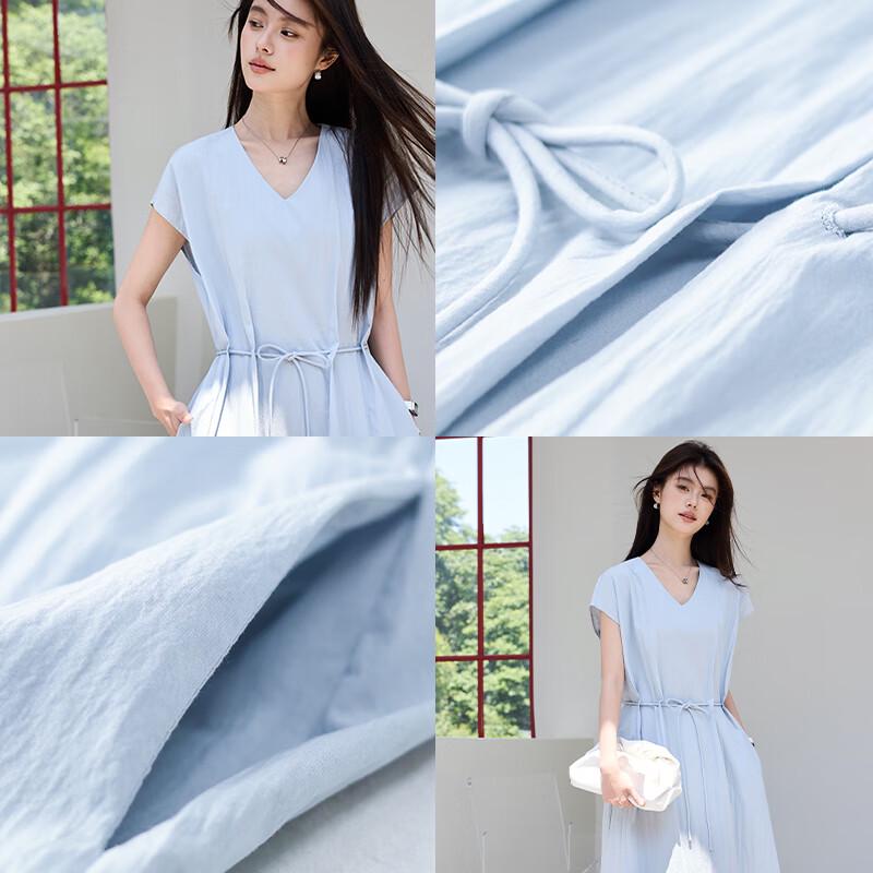 VICTORIA&VERA Summer V-Neck Drop-Shoulder Tie-Waist Midi Dress