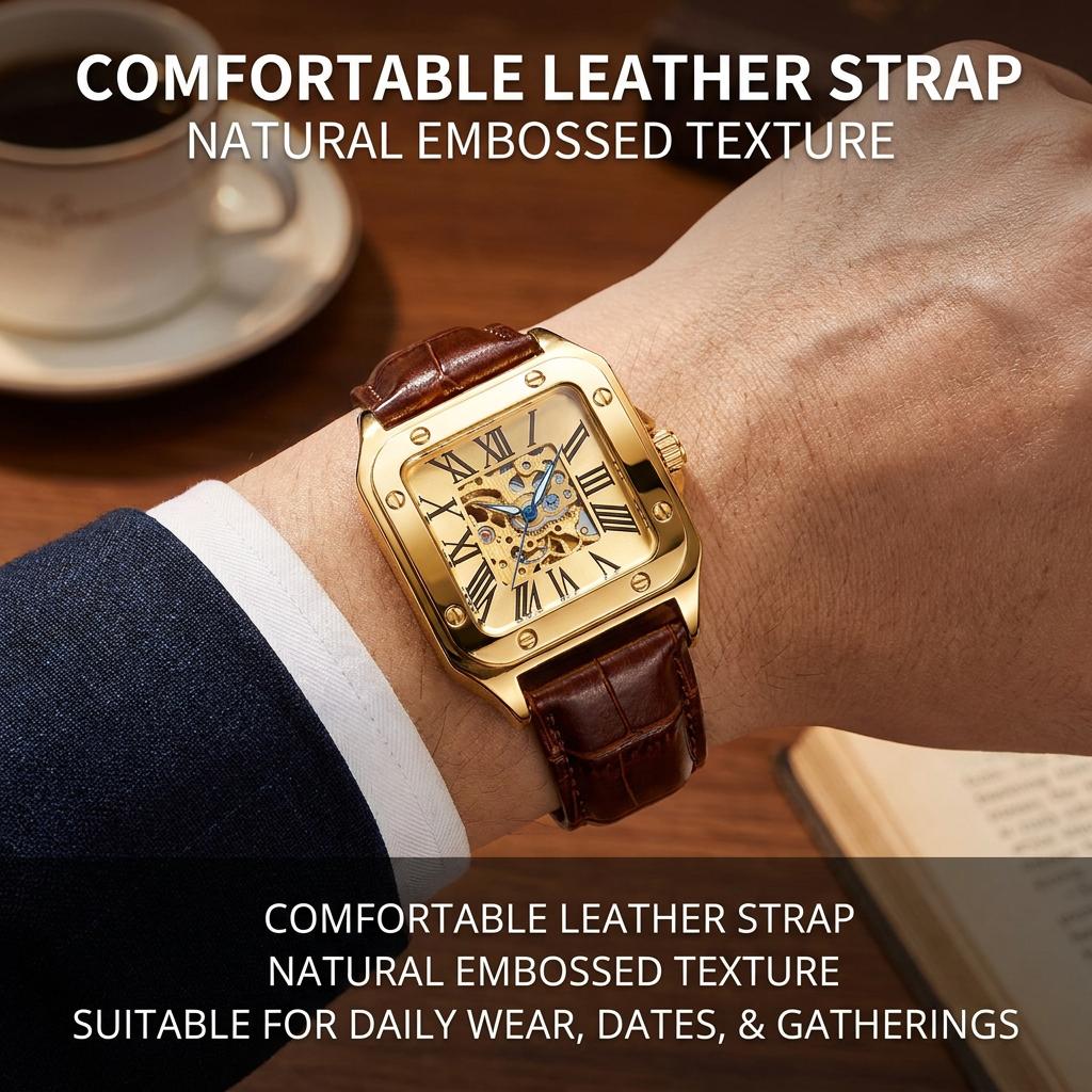 1 Stück Herren-Uhr mit weißem Zifferblatt und Lederarmband, Vintage-Mode, Skelett-Zahnrad, Luxus-Details, Mechanische Uhr für Geschäftsfeier, Urlaub