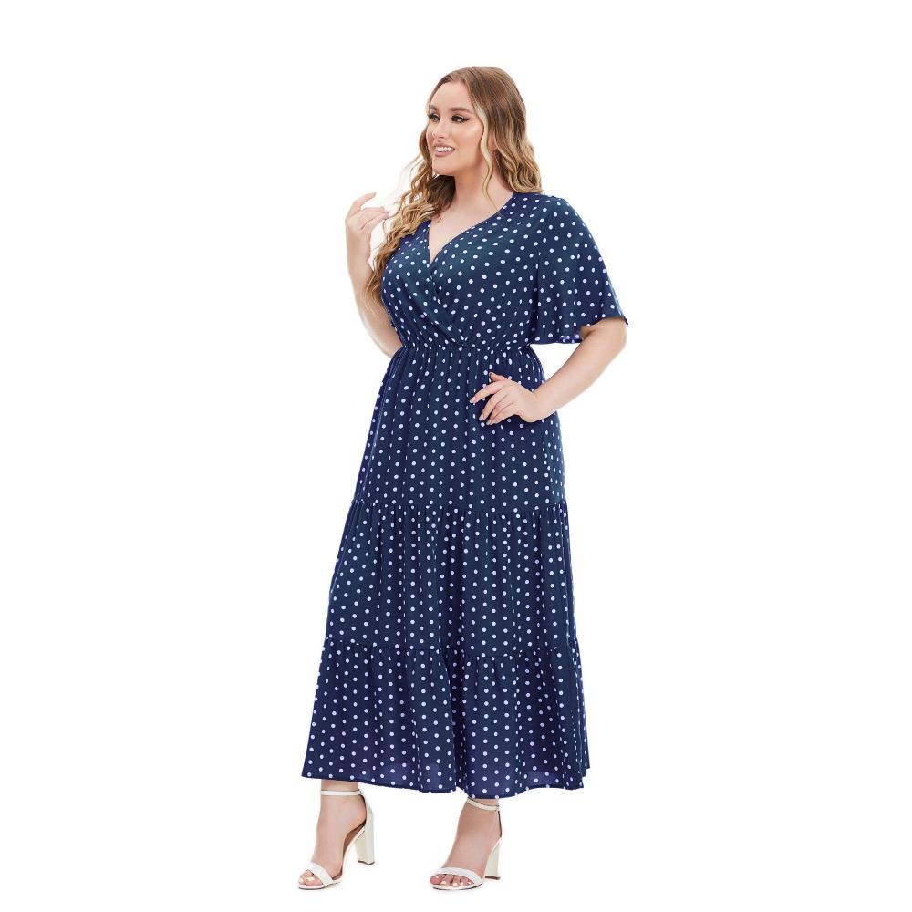 Sommerliches Polka Dot-Kleid in Übergröße mit V-Ausschnitt und kurzen Ärmeln im europäischen und amerikanischen Stil