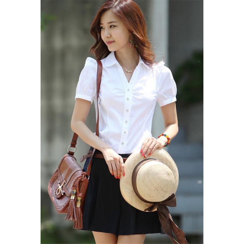 Womens Business Shirt Vneck Short Sleeve Cotton Blouse Office Wear For Spring Seasons