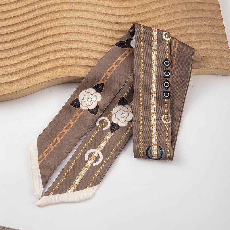 Brown Camellia Retro French Silk Scarf Headband Streamer Hair Tie
