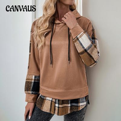 Herbst und Winter Damen-Oberteile in Übergröße, langärmelig, kariert, Colorblocking, gepolstertes Sweatshirt mit Kapuze
