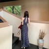 French Retro V-neck Waist Hidden Blue Floral Skirt Hanging Neck Sleeveless Long Dress Women Hollow Back