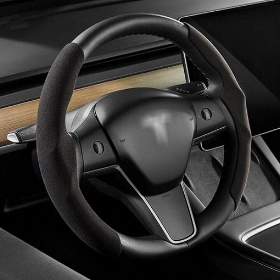Black Leather Car Steering Wheel Cover Anti-slip for Tesla Model 3 Y Accessories