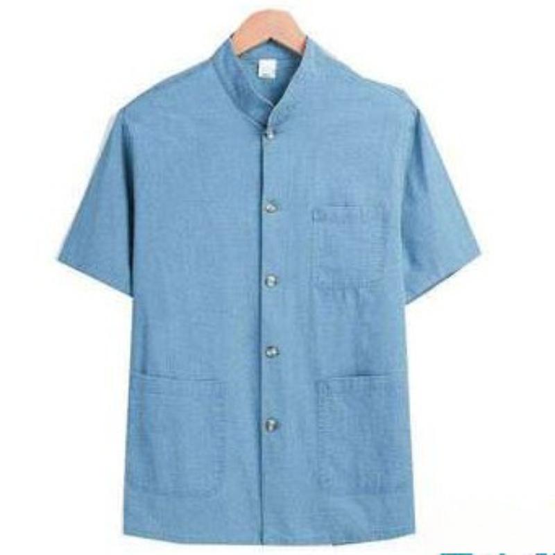 

Футболка с короткими рукавами из льна для мужчин среднего возраста, летний кардиган с короткими рукавами из хлопка и льна 6XL джинсовый синий