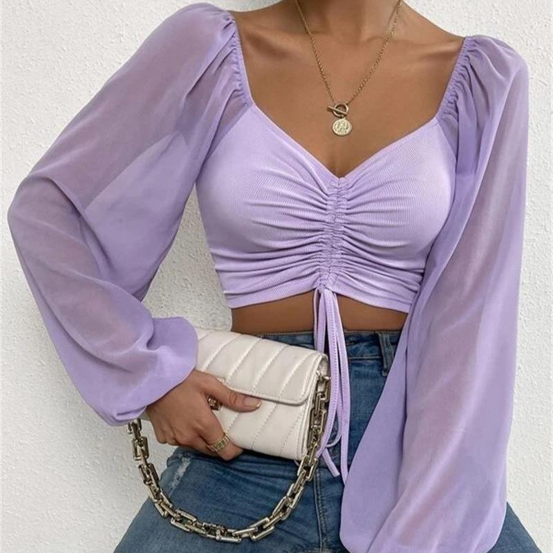 Summer New V-neck Drawstring Chiffon Blouse Women Vintage Lantern Sleeve Slim Fashion Sexy Women's Shirt Tops Elegant Solid Ladies Crop Blouse 25156
