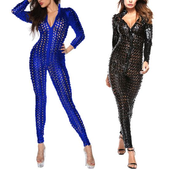 Dámský síťovaný overal s otvory na zip z umělé lakované kůže, přiléhavý, do nočního klubu