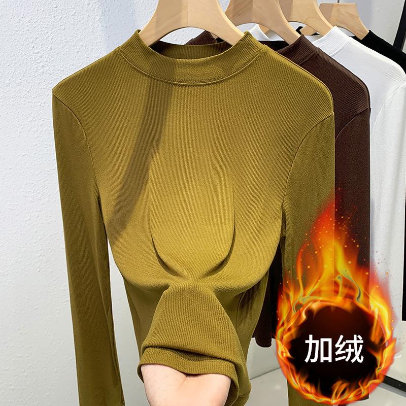 Threaded bottomed shirt women's 2025 new European women's clothing temperament stand-up collar long-sleeved t-shirt waist and elastic top