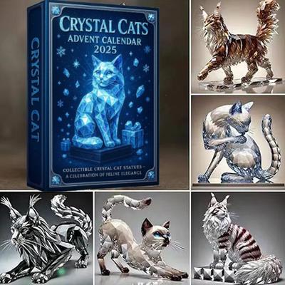 Cat Christmas Countdown 2025 Crystal Cat Advent Calendar 2D Acrylic Cute Crystal Kittens Decorations Cat Collectible Figurine