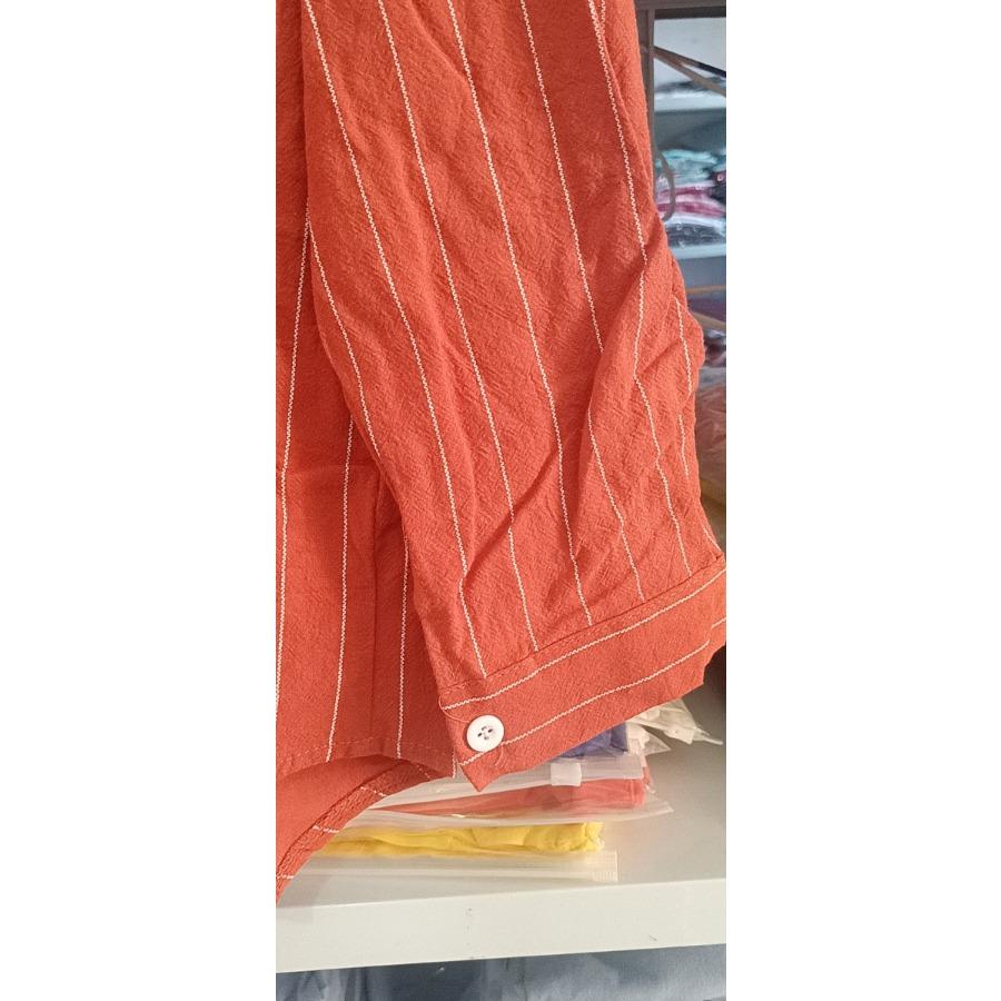 Orange&red Casual Cotton Long Sleeve Shirt Women Lapel Button Up Embroidery Sun Striped Shirts
